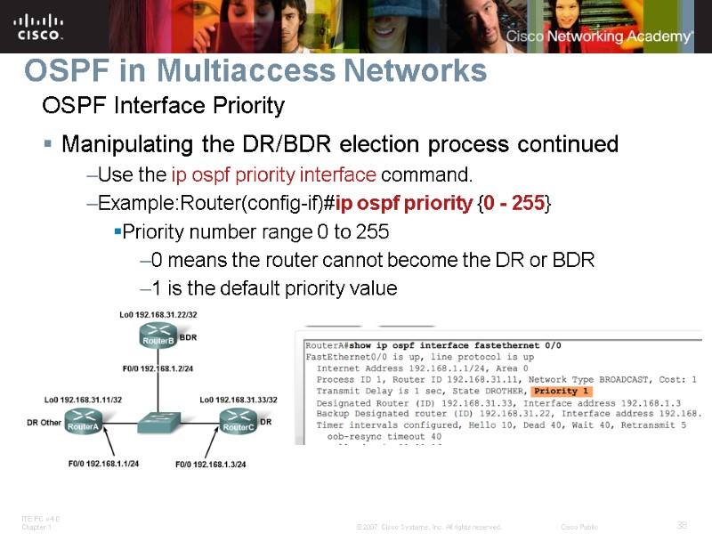 OSPF in Multiaccess Networks OSPF Interface Priority Manipulating the DR/BDR election process continued Use